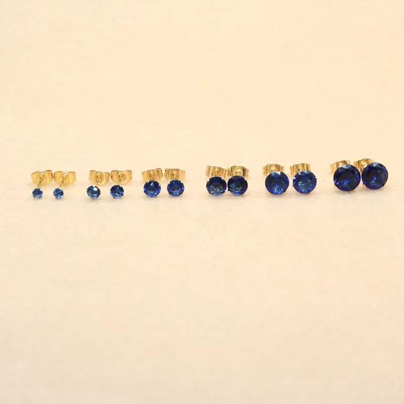 Brief 3 AAA Zircon Stud Earrings Round Royal Blue Crystal Jewelry With Stainless Steel Earring For Unisex Anti Allergy