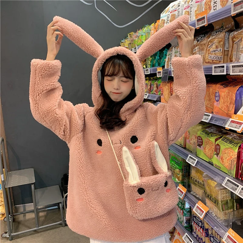 6 8 10 12 14 Year Girls Hoodies Cute Rabbit Ears Hooded Girls Coat Spring Autumn Fleece Kids Sweatshirt Children Outerwear & Bag