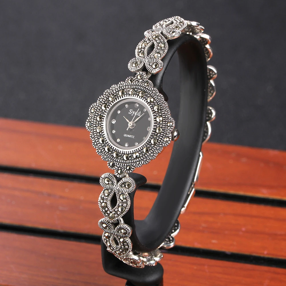 ZHJIASHUN Vintage 100% Silver 925 Watch For Women Retro 925 Sterling Silver Clock Female Fashion Bracelets Watch Jewelry