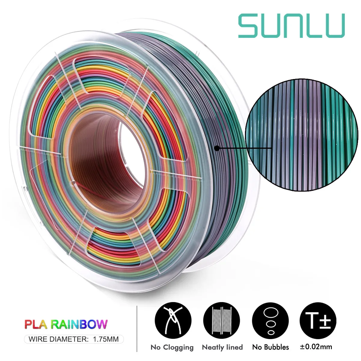 SUNLU-PLA Rainbow 3D Printer Filament, impressão a cores, 1,75mm, 1kg