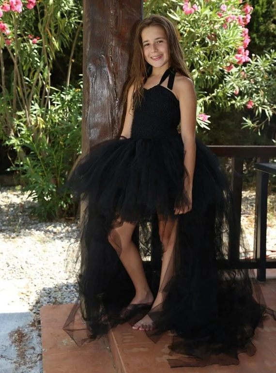 Ragazze Nero Lungo Trailing Tutu Capretti del Vestito Crochet Tulle Vestito Da Sera Dell\'abito di Sfera Dei Bambini Di Compleanno Del Partito di