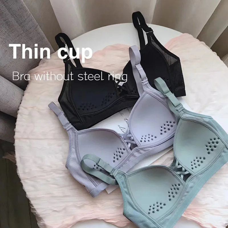 Women Bra Wire Free Girls Breathable Underwear Sexy Cross Cleavage Stoma Seamless Thin Cup Push Up