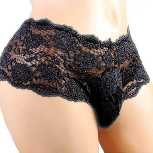 Men Sexy Lace Floral Lingerie Sissy Crossdress Porno Panties Semi Transparent Bikini G-string Briefs Gay Exotic Underwear