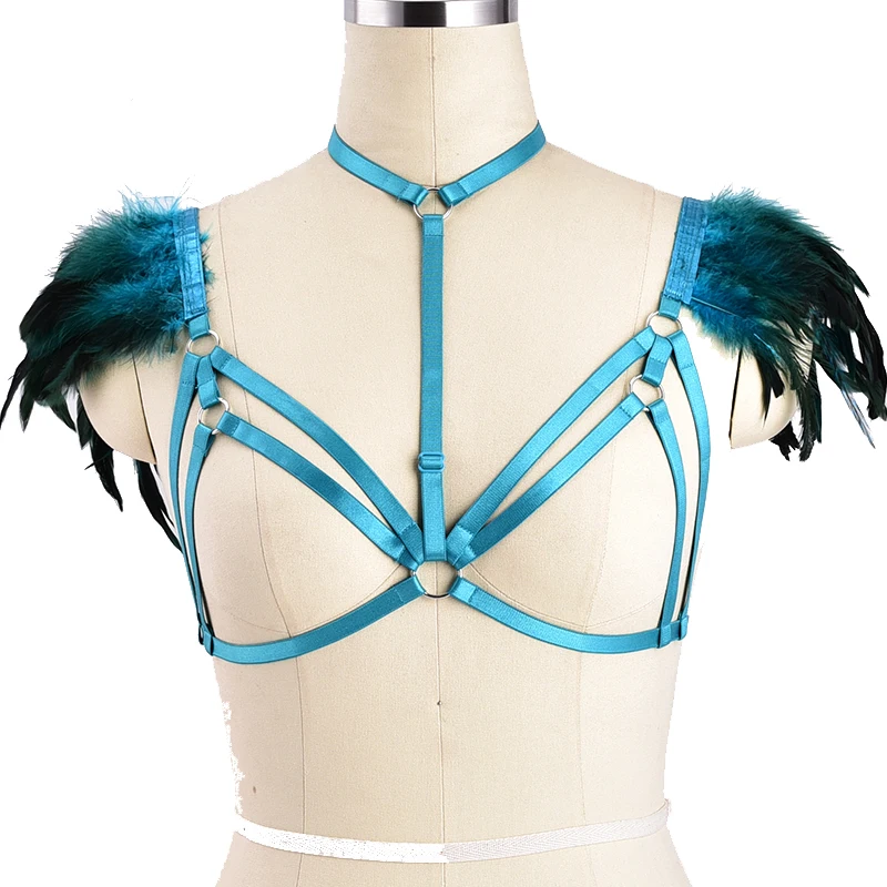 

Womens Blue Fearher Body Harness Burning Man Cage Bra Festival Rave Fearher harness Bondage Harness Cage Adjust Back Size Wear