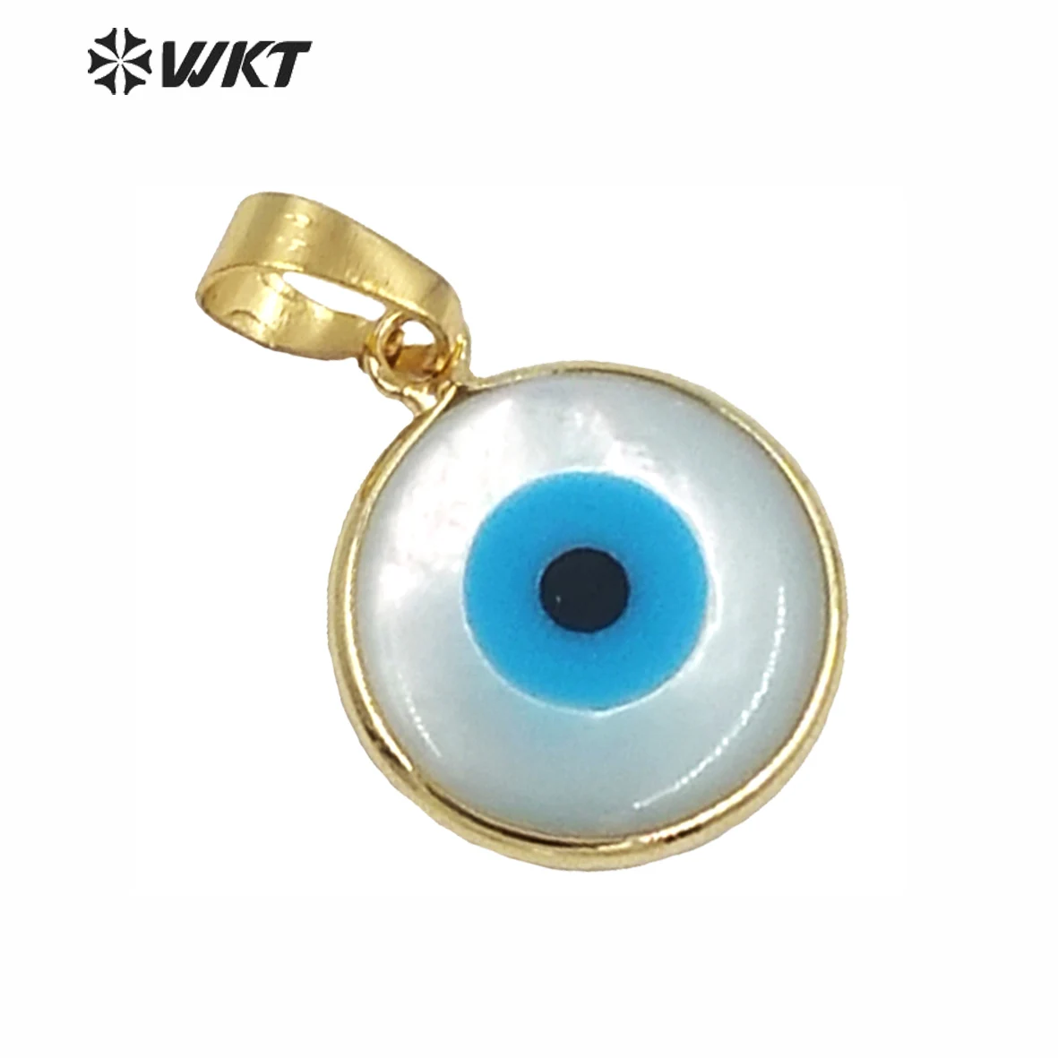 WT-P628 Wholesale new approach unique design gold color bezel eye pendant raw shell round evil eye pendant