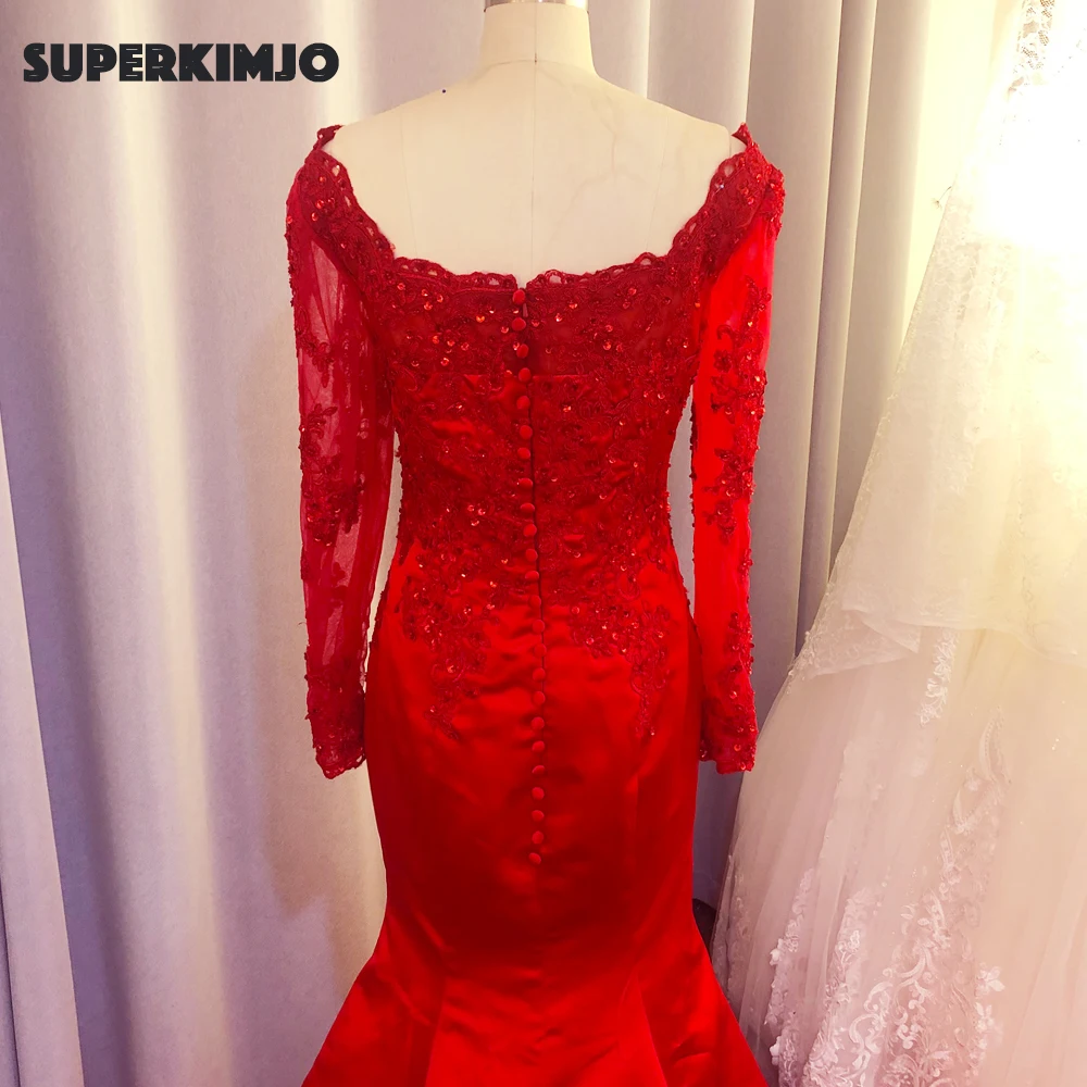 Real prom-Vestidos de Fiesta rojo, manga larga, Apliques de encaje, perlas, sirena, satén, vestidos de noche, 2020