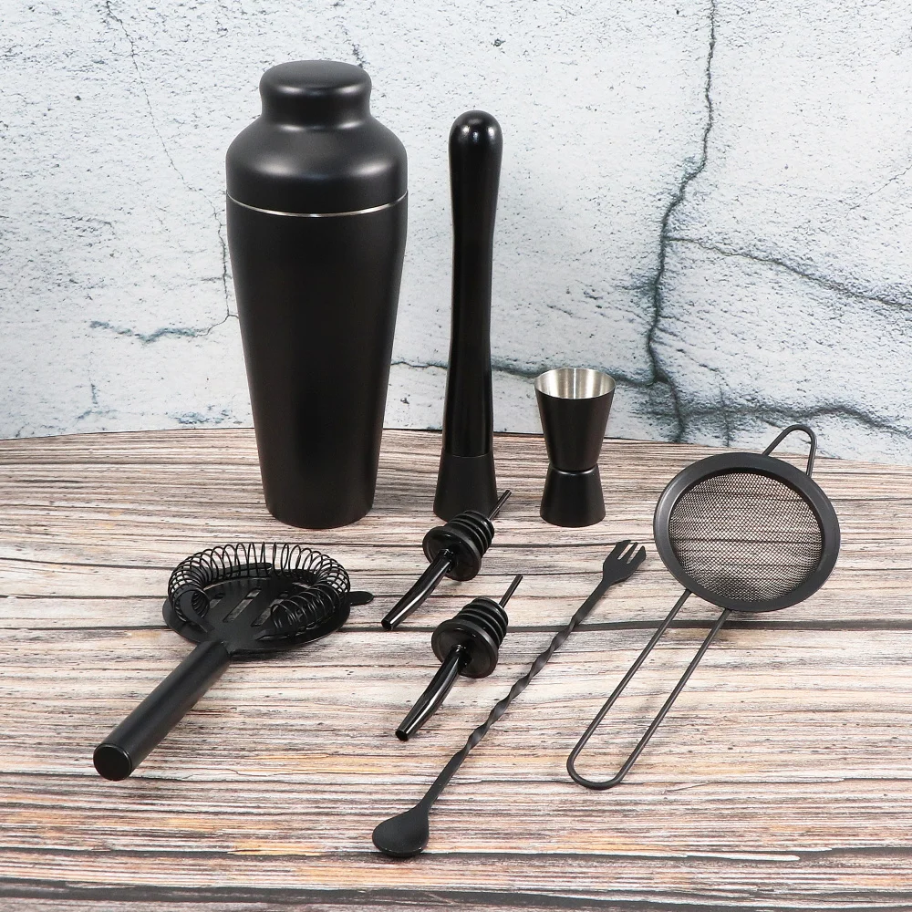 8pcs Matte Black Stainless Steel Cocktail Shaker Set Premium Bar Tools Bartender Kit Martini Shaker Muddler Jigger Mixing Spoon