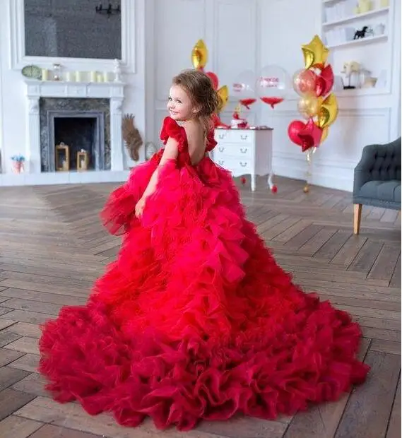 Rosso 2020 Abiti Fiore Per Le Ragazze Per La Cerimonia Nuziale Bateau Collo Appliqued Del Bambino Pageant Abiti di Tulle del Treno Lungo I Bambini Abiti di Promenade