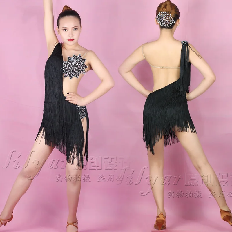 New Latin Performance  Adult Custom Black Tassels Sexy Hot Dance Dress