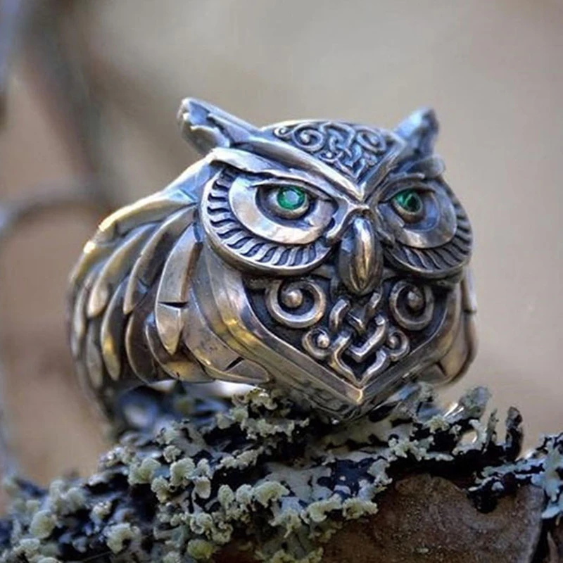 Retro Green Eye Owl Ring Brass Alloy Classical Ethnic Style Men and Women Ring Fashion Jewelry Gifts