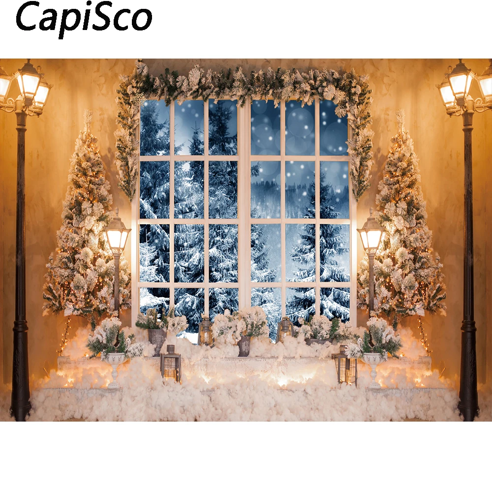 Capisco Christmas Backdrop Tree Window Snow Scene Photography Background Winter Family Kids Portraits Photo Studio Prop