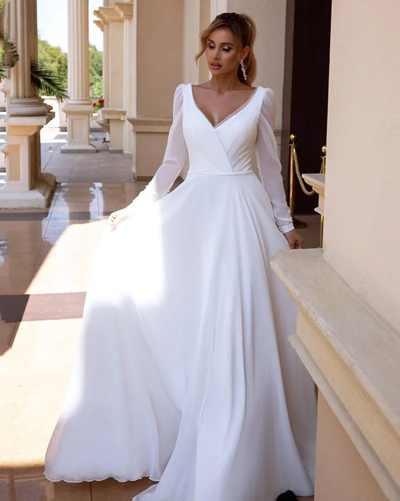 

Elegant V-Neck Chiffon Wedding Dress Long Sleeves Simple Wedding Gowns 2021 Backless Bridal Gown For Women Robe De Mariee