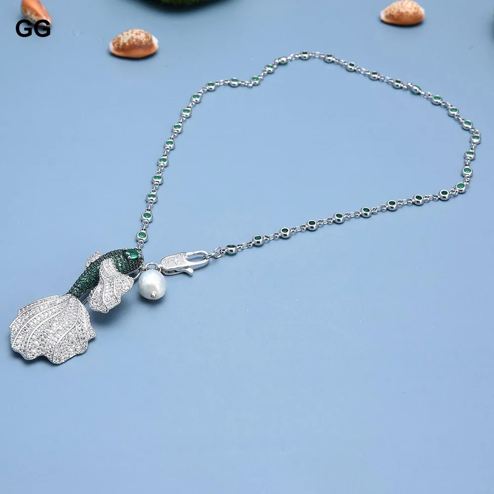 Imagem -03 - Gg-colar de Pérolas Keshi Branco Natural para Mulheres Pingente de Zircônia Verde Corrente de Peixe Micro cz Pave Broche Pingente para Meninas