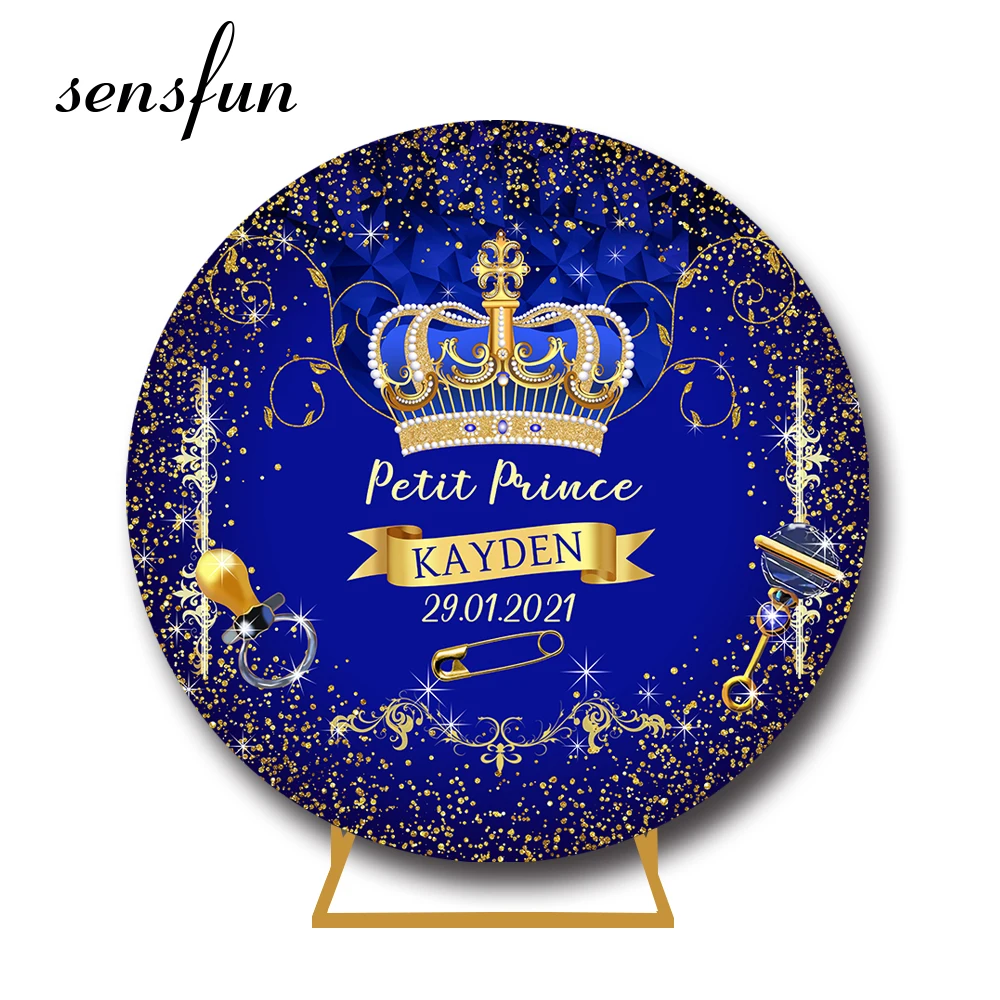 Sensfun Royal Blue Prince Baby Shower Newborn Round Backdrop Cover Crown Gold Glitter Boys 1st Birthday Party Circle Background