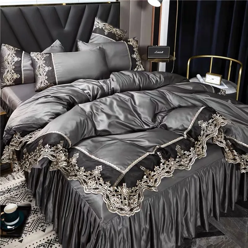 Double Sided Ice Silk Bed Comforter Sets Bedding Luxury Skirt Four Piece Set Summer Naked Sleeping Real Silk Princess Style Bedd