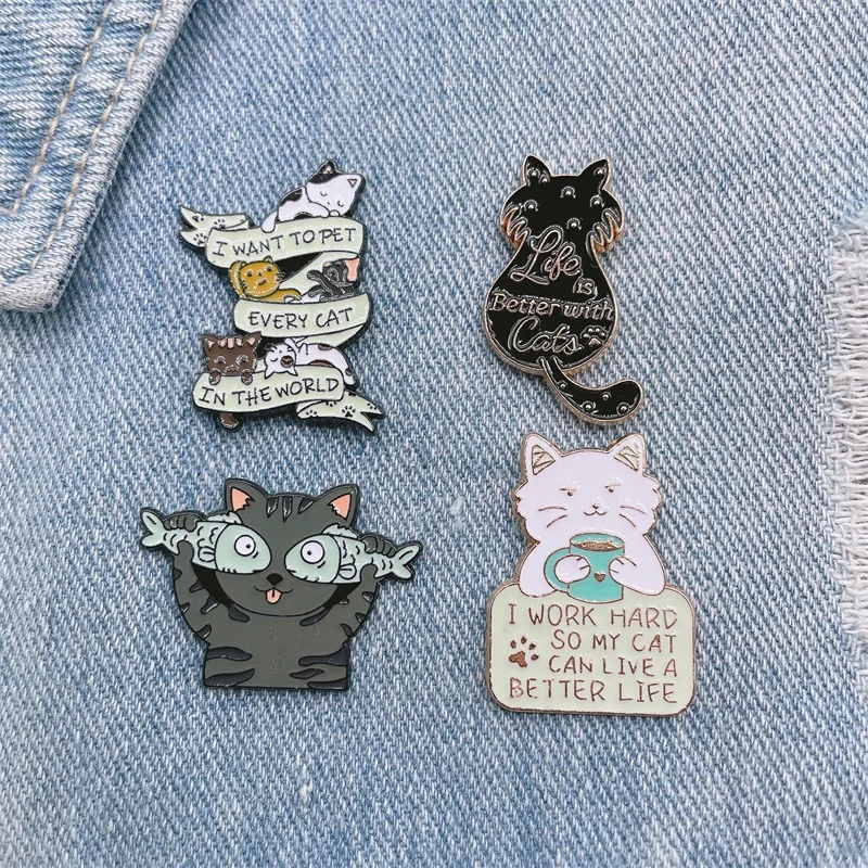 Cartoon Fun Animal Cat Enamel Pins Love Drinking Water Eating Fish Black Cat Back View Brooch Alloy Badge Fashion Woman Jewelry