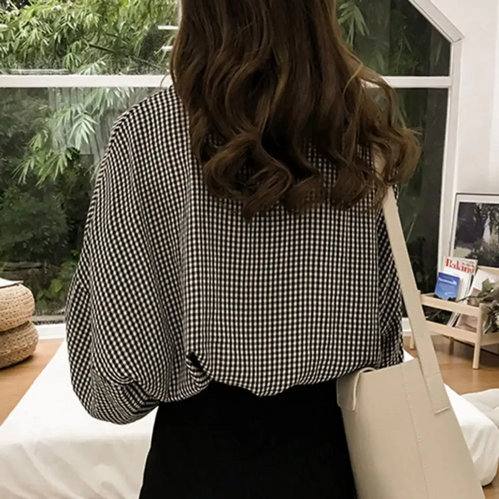 Blouse Women Long Sleeves Loose Female Shirts Lantern Sleeves Plaid Shirt Top Office Lady Blouses Blusas