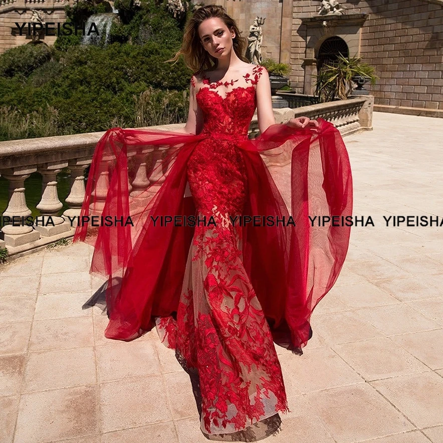 Yipeisha – robe de soirée de forme sirène, en dentelle rouge, avec traîne détachable, manches longues, grande taille, robes de fête formelles