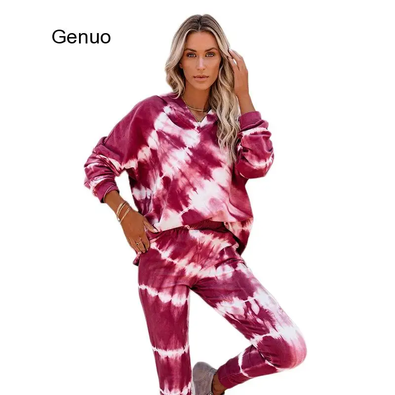 

Two Piece Nightgown for Women Long Sleeve Hoodie and Pants Tie Dye Printed Sets Summer Autumn Casual Home Suit Womens Clothes