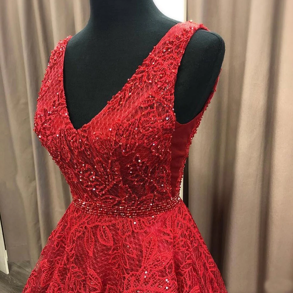 V-Neck Sleeveless Floor-Length Lace Prom Party Gown Crystal Beaded Red New Custom Plus Size Evening Dresses Backless