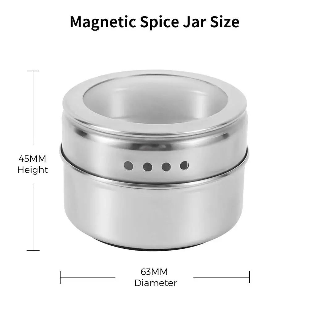 LMETJMA Magnetic Spice Jars With Wall Mounted Rack Stainless Steel Spice Tins Spice Seasoning Containers With Spice Label KC0305