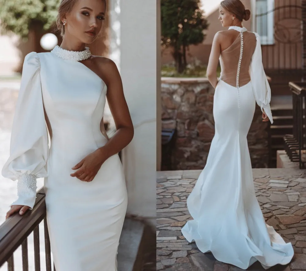 Elegante Witte Parels Mermaid Avondjurk Een Schouder Puffy Mouwen Sheer Terug Prom Party Gown Vestidos Robe De Soiree