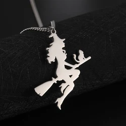 Witch Cat Flying Magic Broom Pendant Necklace for Women Men Stainless Steel Wicca Necklaces Halloween Jewelry Accessories Gifts