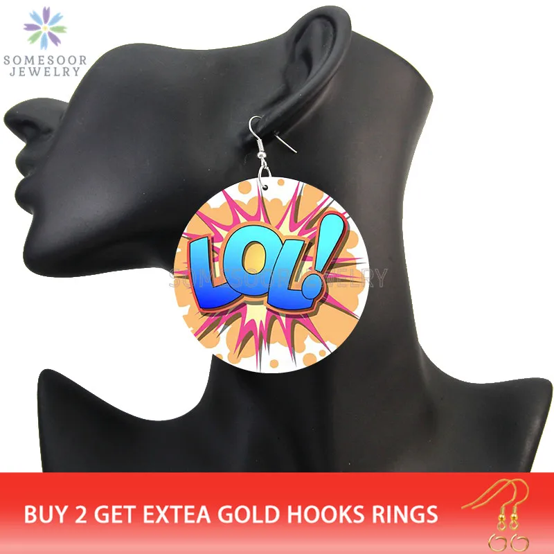 SOMESOOR POP LOL WOW Comic Bubble Printed Wood Drop Earrings Cool Queen Hiphop Cartoon Designs Dangle Jewelry For Women Gifts