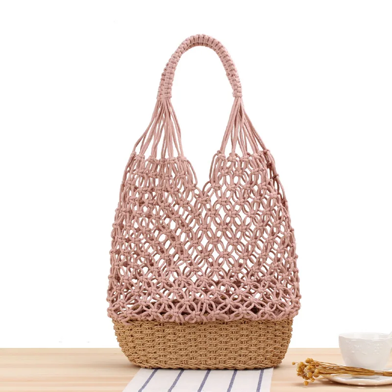 Sac à main en maille de paille tissé à la main, sac de plage de loisirs d'été, style forêt