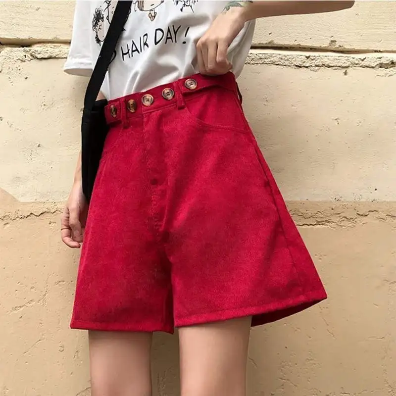 Autumn High Waist Corduroy Shorts Women Vintage Loose Straight Casual Wide Leg Short Femme Trousers Green Ladies Shorts C7549