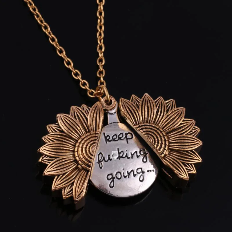 Keep Fu*king Going Watch over Me Letter Sunflower Heart Open Locket Pendant Necklace For Women Female