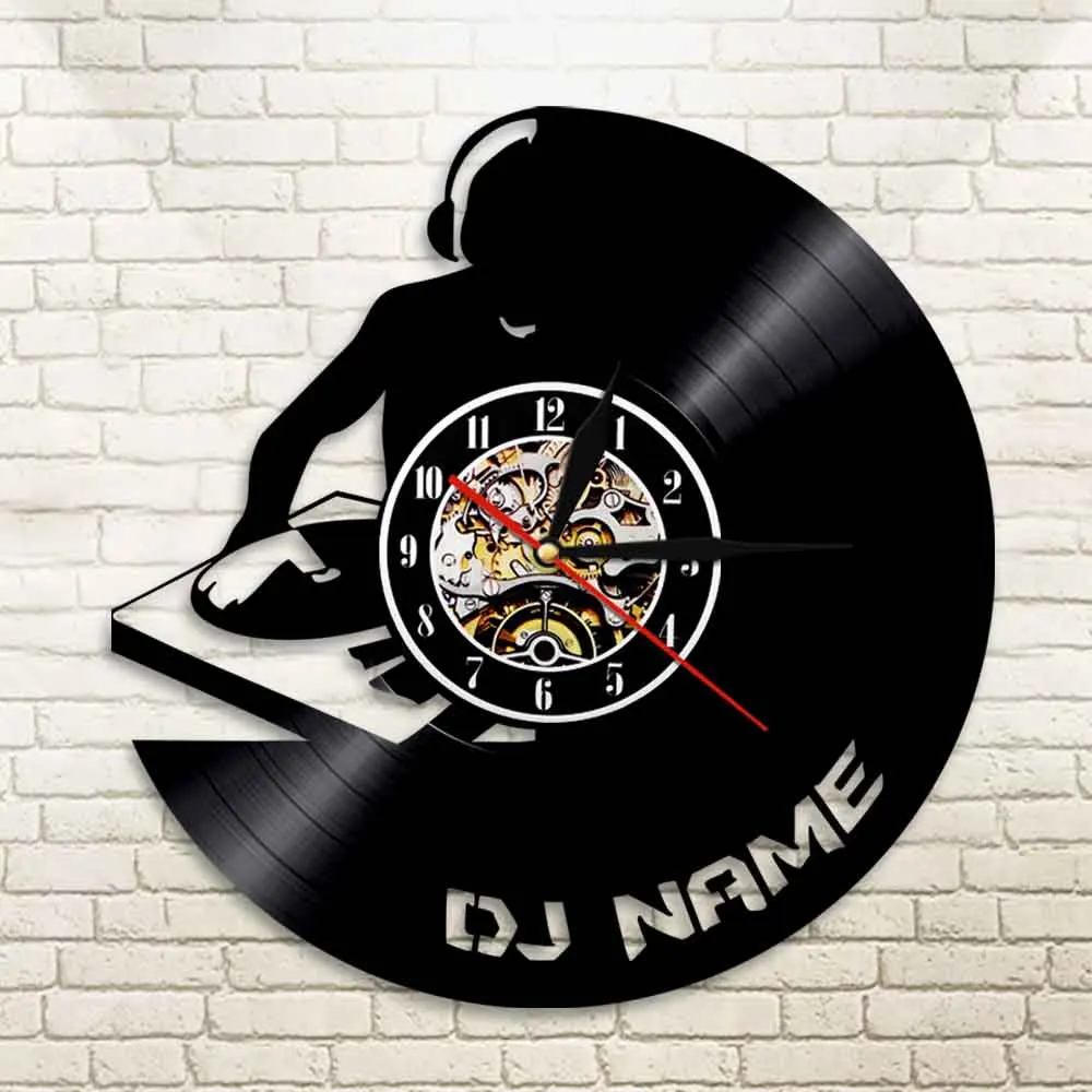 Custom DJ Name Wall Art Decorative Clock Put Your Hands Up DJ Silhouette Retro Music Vinyl Record Hanging Decor For Pub Bar view 4