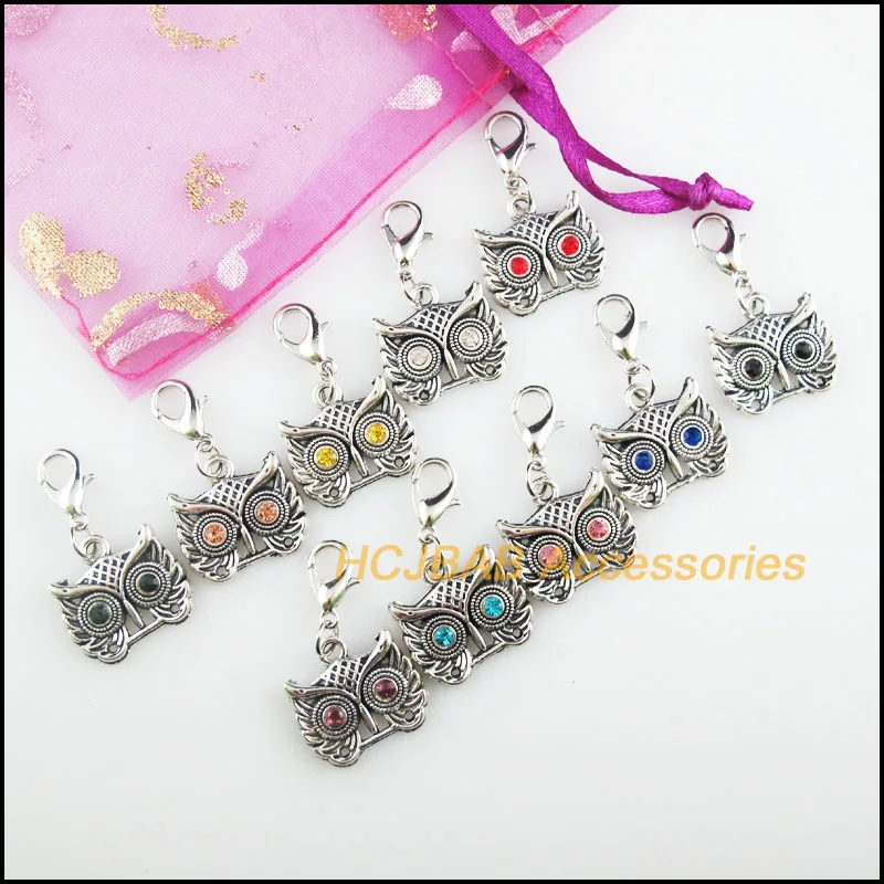 10 New Owl Head 16x18mm Charms Mixed Round Crystal Tibetan Silver Plated Retro With Lobster Claw Clasps