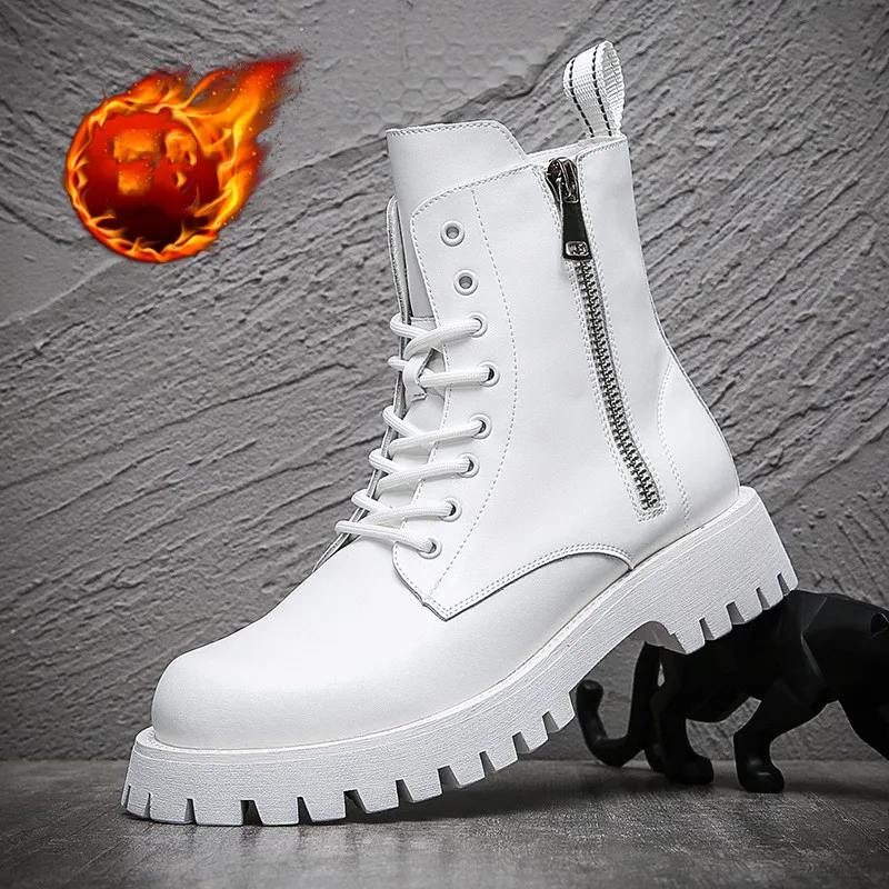 Korean style mens fashion motorcycle boots black white winter shoes warm cotton snow boot genuine leather platform high botas