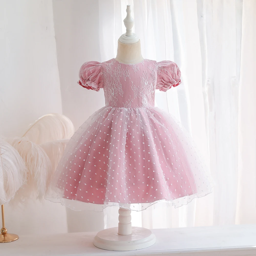 Hetiso Princess Lace Dots Puff Sleeve Cute Cotton Lining Pink Blue Summer Baby Girl Dress for 1 Years Birthday Party robe 6M-4T