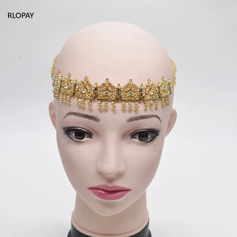 Piezas de Metal para el cabello de boda, accesorios nupciales con borlas de diamantes de imitación chapados en oro, diadema de plata de lujo, cadena para el cabello para novias árabes