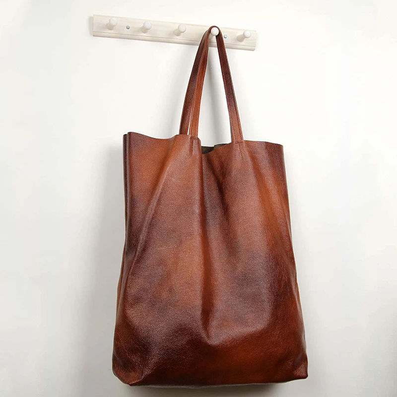 

Brown Large Shopper Bag for Women Soft Leather Handbag Big Casual Vintage Female Shoulder Bag Mommy Tote Shopping Weekend 2021