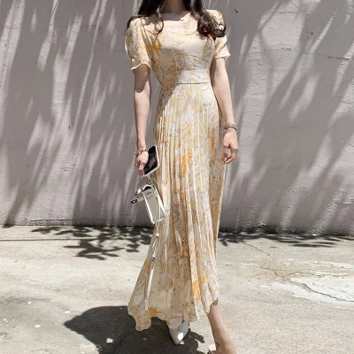 2022 Summer Water-color Printed Korean Chiffon Long Dress Women Short Sleeve Square Collar Belted Pleated Elegant Dresses Femme