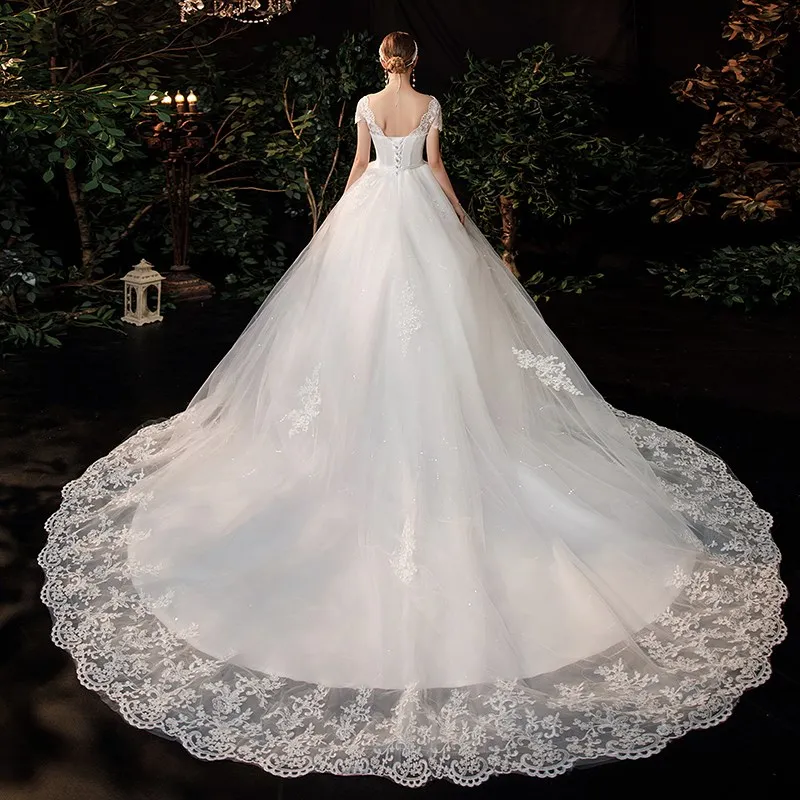 Trem longo laço vestido de casamento, vestido de princesa, bordado, luxo, estoque claro, tamanho 6, 2024