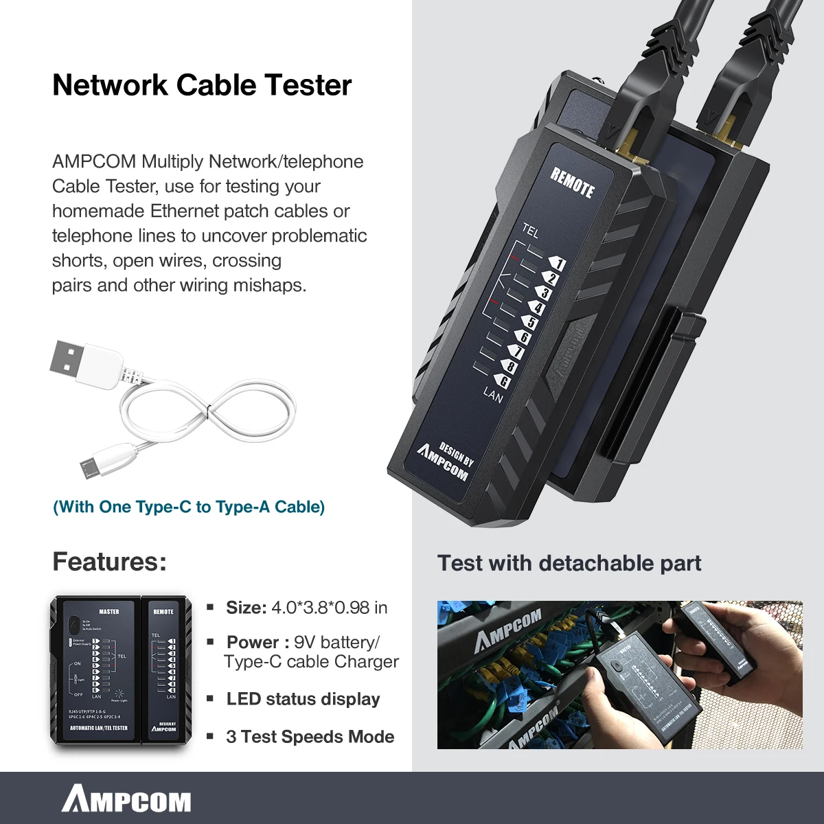 ใหม่ AMPCOM ชุดเครื่องมือเครือข่าย, เครื่องทดสอบ Lan RJ45 Crimper Cat6 CAT5E ตัวเชื่อมต่อ RJ11 Punch Down Tool Wire Stripper คีม Ethernet