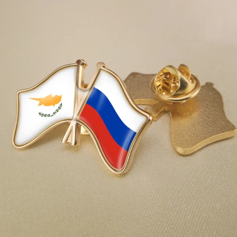 Russian Federation and Cyprus Crossed Double Friendship Flags Lapel Pins Brooch Badges