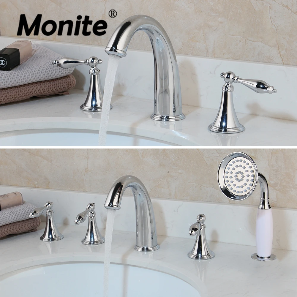 

Monite 5 Pcs Bathroom Bathtub Faucet Shower Set Solid Brass Deck Mount Chrome Polish 2 Handles 3 Pcs Bathtub Basin Mixer Faucet