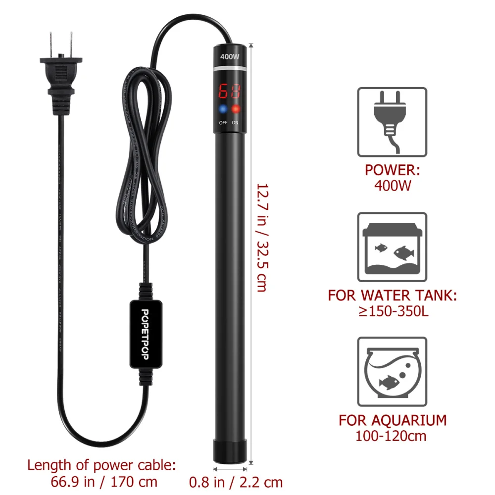 POPETPOP 400W Submersible Aquarium Heater Titanium Heating Rod With And LED Digital Display