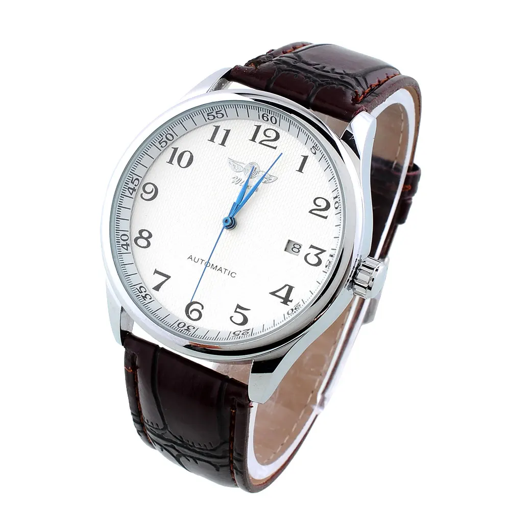 Klassiek heren automatisch mechanisch horloge Classy skelet witte wijzerplaat bruine lederen band zelfopwindende mannelijke polshorloge klok