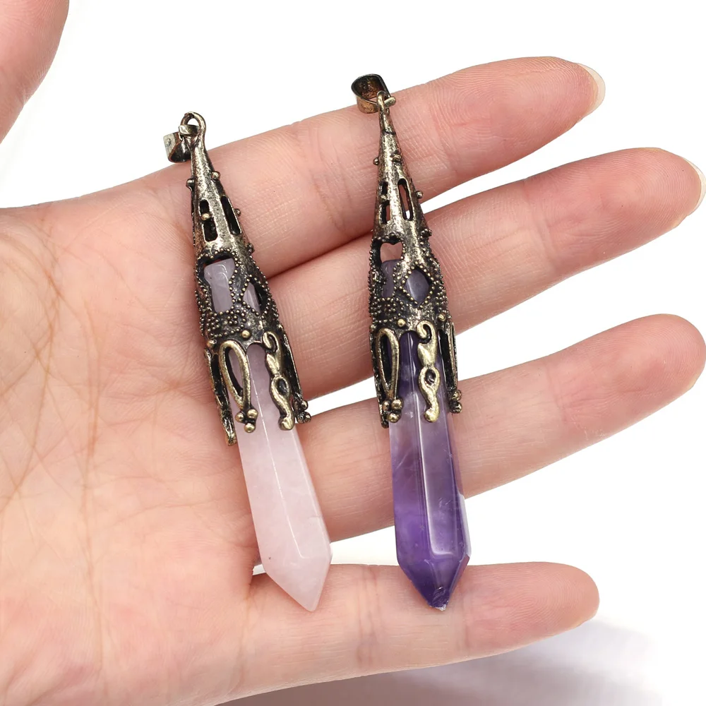 Natural Stone Pendant Vintage Amethysts Opal Pendant Necklace for Trendy Jewelry Making Reiki Heal Gift 12x70mm