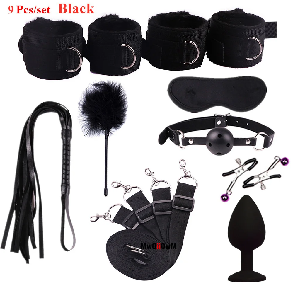 Couple Sex Toys BDSM Bed Restraint Equipment Set Sex Erotic Handcuffs Ankle Eye Mask Whip Anal Plug Alternative Training Game