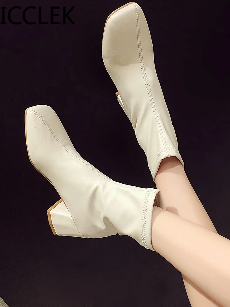 2020 Autumn New Women Boots Leather Sock Boots 6 CM High Heel Square Toe Fashion Lady Casual Pumps Boots Shoes