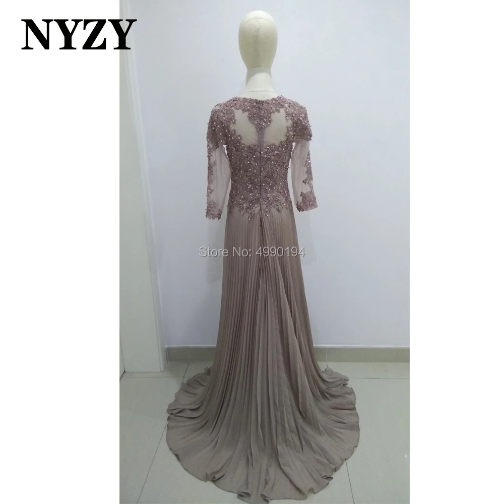 NYZY M308 – robe longue de la mère de la mariée, en mousseline de soie, manches 3/4 plissées, dentelle perles, élégante, robe de cérémonie de mariage, 2020