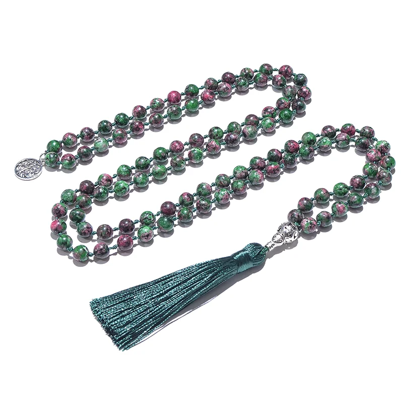 8mm Epidote Zoisite Japamala Necklace Set 108 Beaded Meditation Yoga Jewelry Men and Women Rosary Tree of Life Pendant