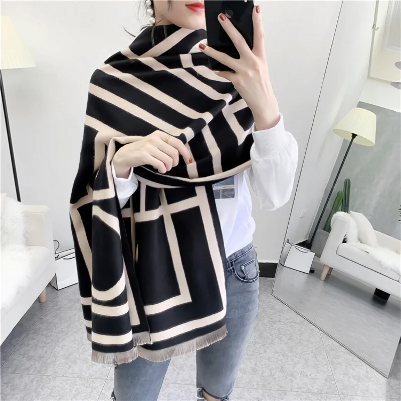 New Letter Color Blocking Imitated Cashmere Scarf Women Shawl Long Modern Stylish Pashmina Autumn Winter Wraps